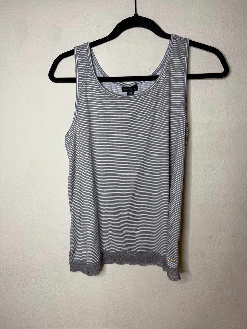 Tahari Striped Lace-Hem Tank Top - Gray/White